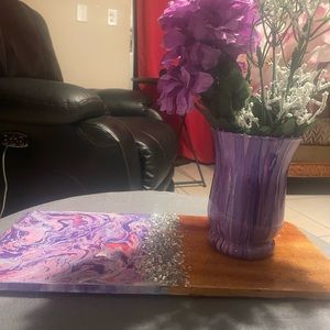 Wood board finished fluid poured painted with matching vase